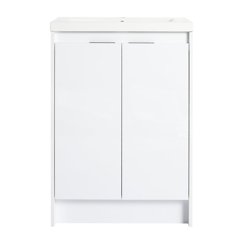 Meuble-lavabo autoportant de 24 po blanc brillant, lavabo en résine, charnières à fermeture en douceur pour portes silencieuses, capacité de rangement supplémentaire, compartiments de tablettes spacieux