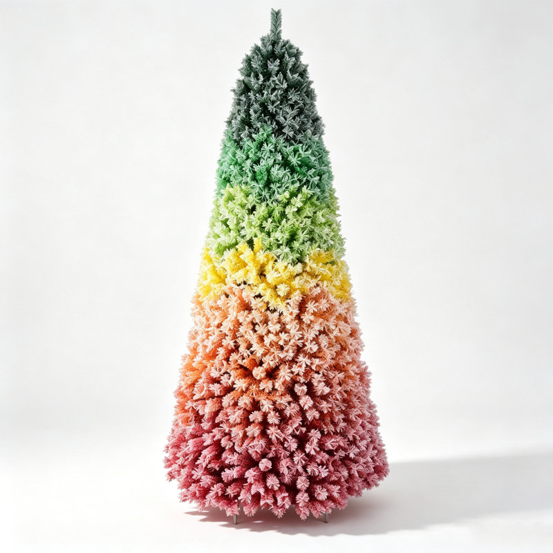 Arbre de Noël artificiel enneigé 6 pi avec dégradé arc-en-ciel, 1326 pointes en PVC, finition floquée enneigée, branches articulées avec support en métal robuste pour la décoration des Fêtes