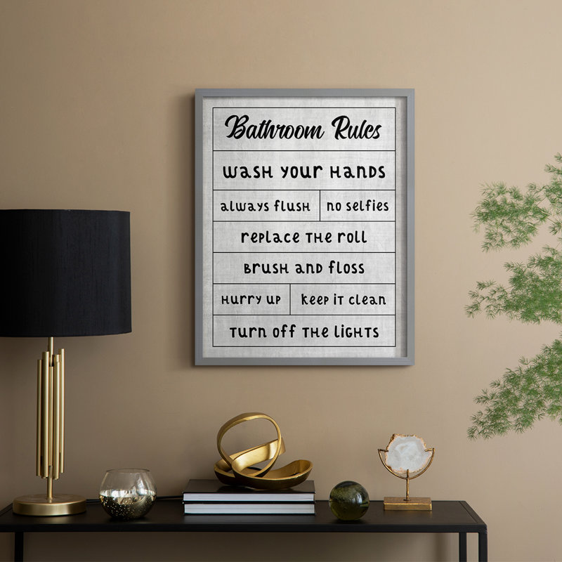 «Simple Bathroom Rules», reproduction encadrée - bois massif, Gris, H 11 po x l 9 po