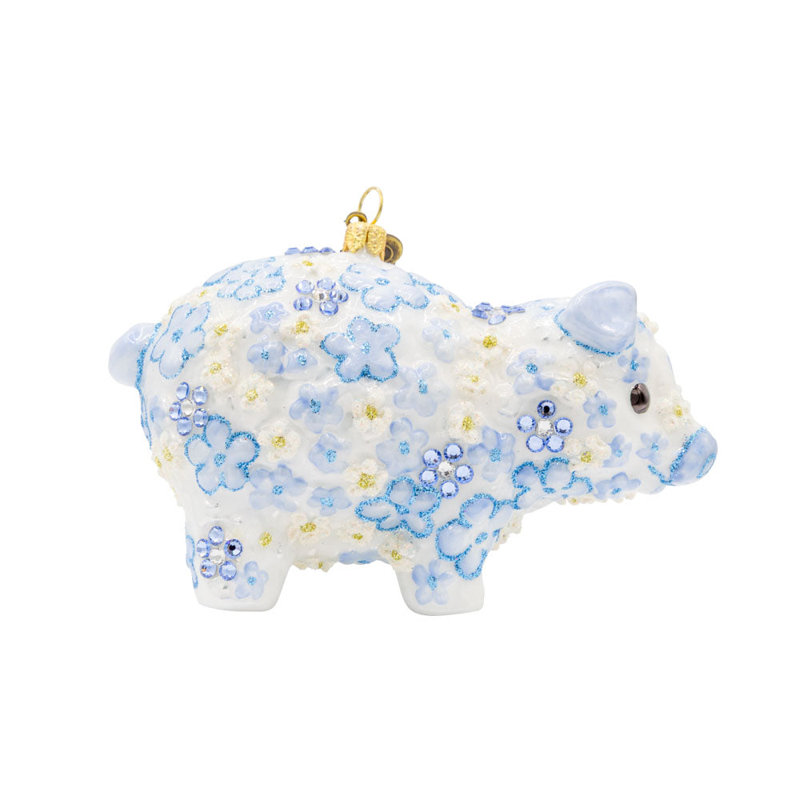 Ornement cochon bleu floral, Bleu / blanc / argent / or