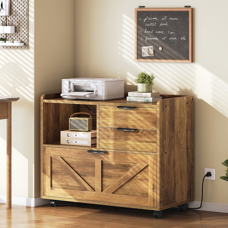 31.5'' Wide Mobile File Cabinet with Storage and Charging Station, Brown