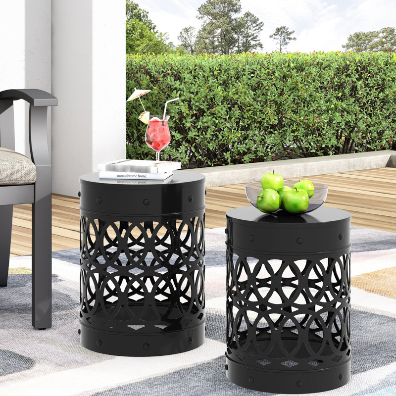Modern Outdoor End Table - Iron Side Tables With Black Finish, Powder-Coated Frame, No Assembly Metal Chic Rustproof Assembly, For Garden Area