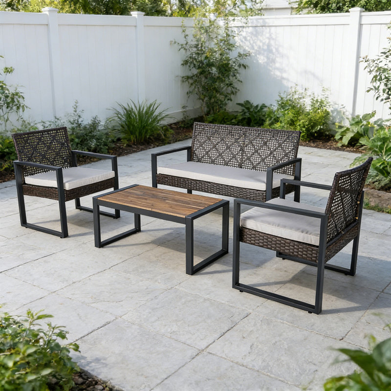 Ensemble de conversation pour 4 personnes en osier avec coussins, Coussin beige / structure grise