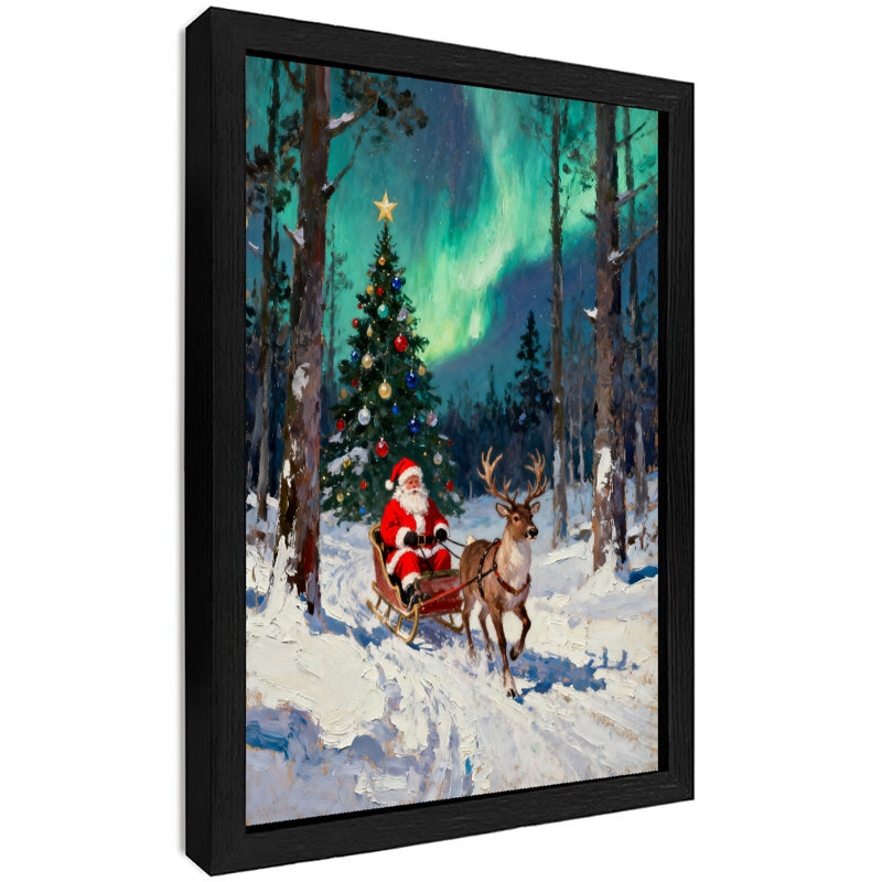 Père Noël noir encadré noir chevauchant un traîneau dans la forêt enneigée, reproductions d'art encadrées, H 25 po x l 17 po