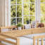 Lit superposé simple au-dessus de grand lit simple avec rangement, garde-corps courbés et tablettes, structure en bois massif, aucun sommier tapissier requis, finition naturelle-134228584-134228588