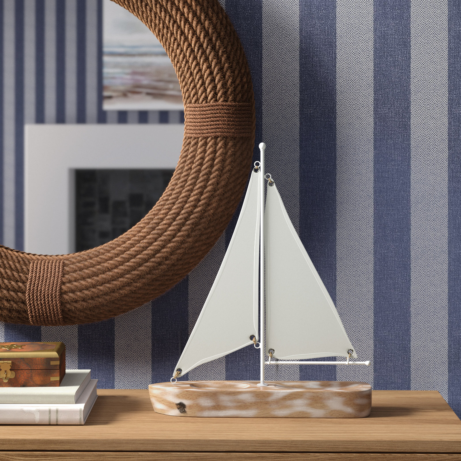 A decorative white yacht sailing boat - Nautical Coastal Home Accessories