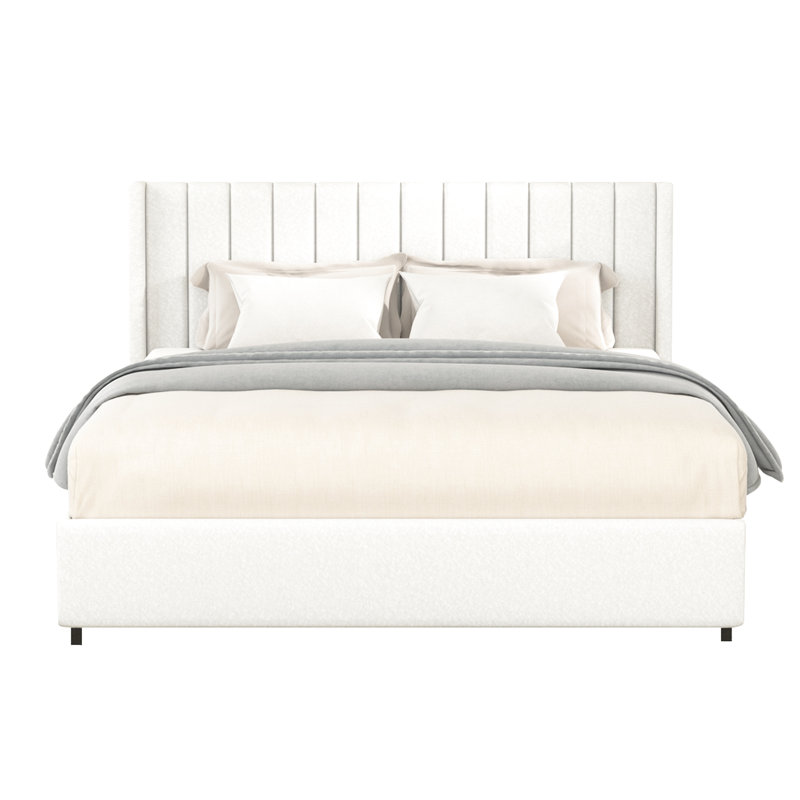 Grand lit contemporain avec système de tiroirs et structure en métal de taille transitionnelle avec support à lattes en bois