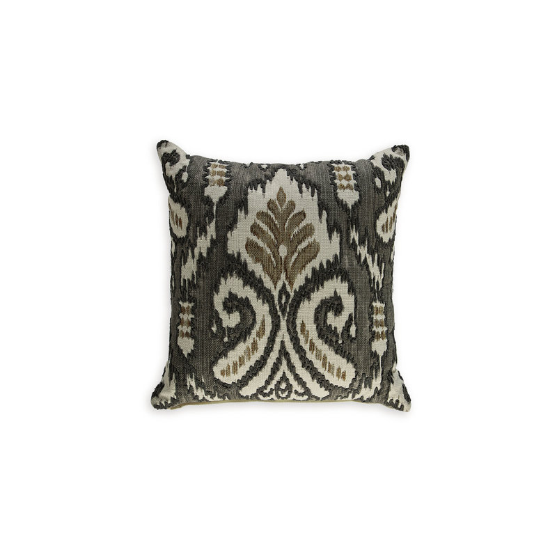 Dark Gray and Beige Embroidered Ikat Square Pillow