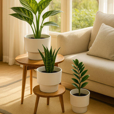 3-Piece White Plastic Planter Pot Set with Modern Pedestal Base, Round Indoor Decorative Plant Pots