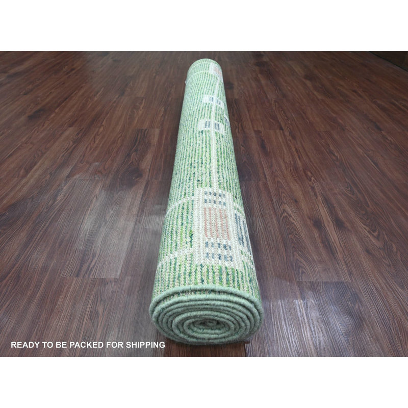 5'1"x12'3" Green Moroccan Weave Line Design Wool Hand Knotted Runner Rug 2C87AE94512948639E3B8F62EF58EB93