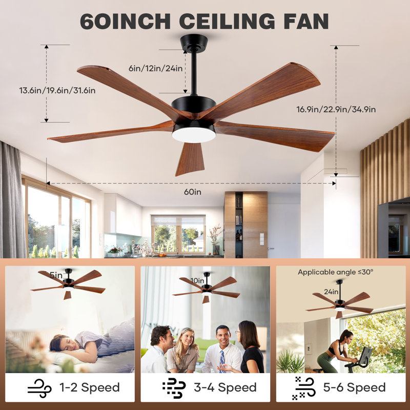 60" Wood Ceiling Fan With Light, Remote, 6-speed Dc Motor, Reversible, Dimmable 3-color Led, Timer, Memory