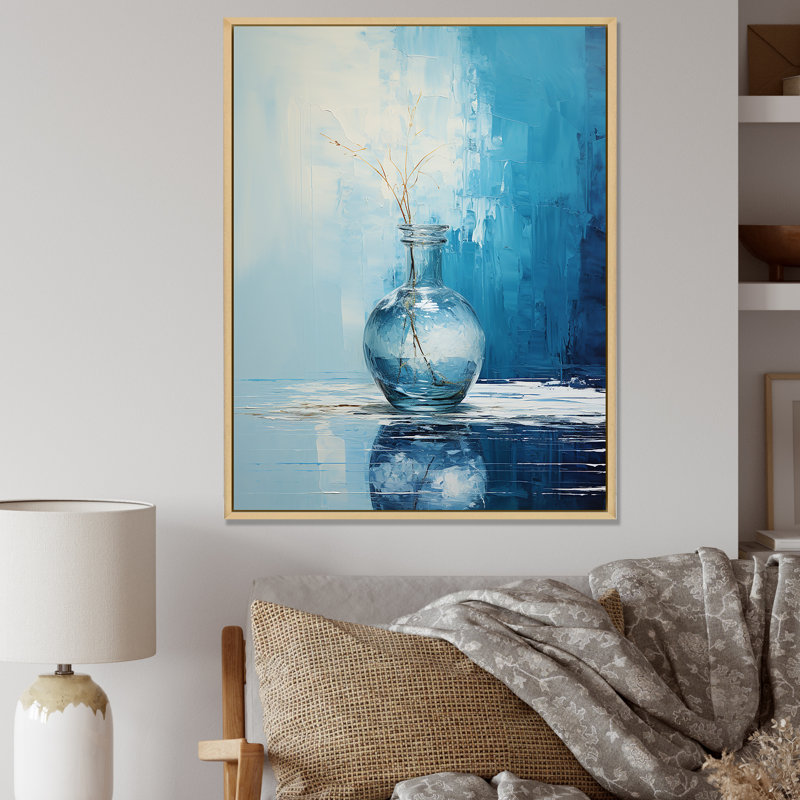 Vase de poterie bleu et blanc Boho, H 40 po x l 30 po x P 1,5 po, Cadre flottant brun