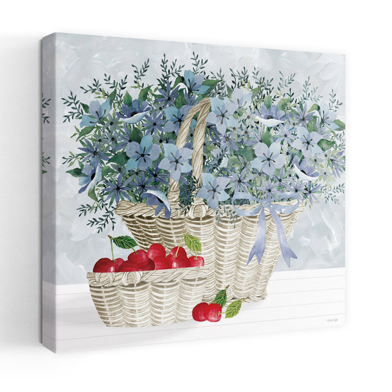 Art contemporain en osier avec fleurs bleues et baies, H 18 po x l 18 po