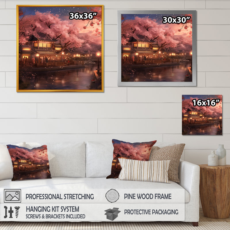 «Japanese Sakura Landscape Evening», reproduction d'art sur toile, H 30 po x l 30 po x P 1 po, Cadre simple noir