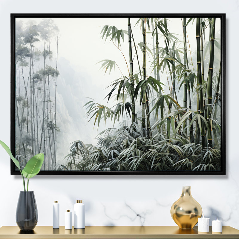 Gris et vert bambou tranquillité II - art mural Chine, Cadre flottant noir, H 24 po x l 32 po x P 1 po