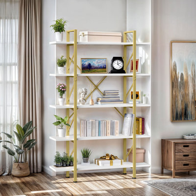 47.2" W x 70.9" H 5-Level Bookcase in White Gold