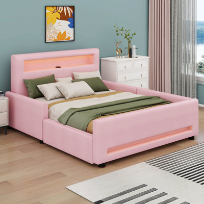Full Size Platform Bed With Padding, Drawer, LED Strip Illumination, And USB Connectivity