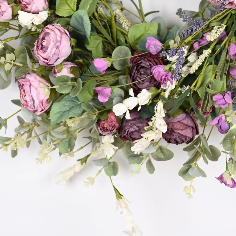 26" Artificial Everyday Eucalyptus Berry Rose Floral Front Door Wreath For Wedding Party Home Decor, Green/Purple
