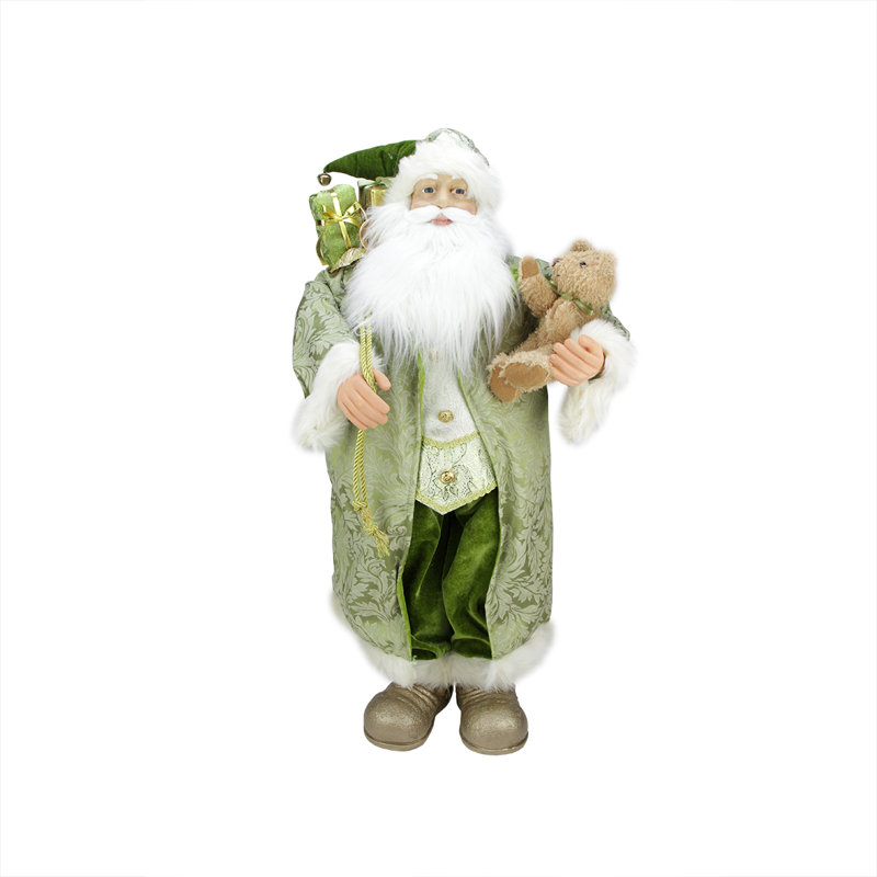 32" Green and Gold Irish Santa Claus Figurine with Teddy Bear