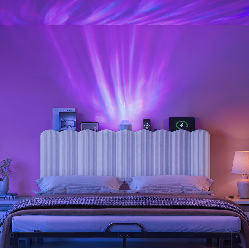 Tête de lit tapissier très grand à rayures en molleton avec lumières DEL et rangement Aurora, Très grand, Blanc