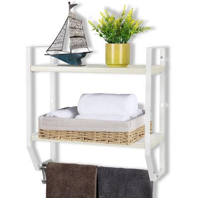 Tablette de salle de bain murale avec barre à serviettes et crochets - Organisateur de rangement rustique à 2 niveaux pour salle de bain, cuisine, salon, chambre à coucher - Cadre en métal durable avec tablettes en bois