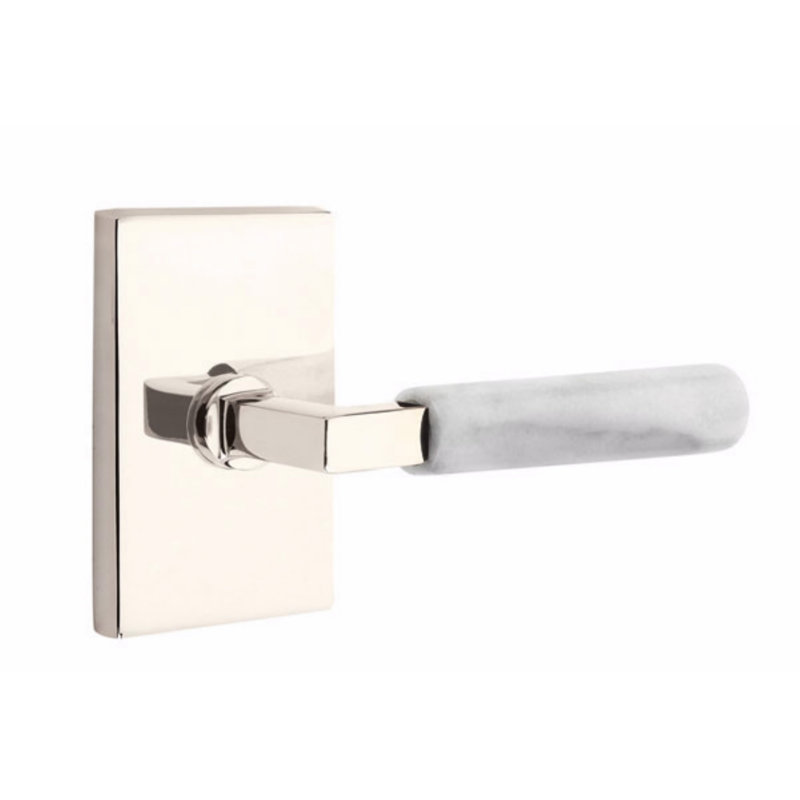 Ensemble de faux levier Emtek Select, rosette rectangulaire moderne, tige carrée en L, poignée en terrazzo clair