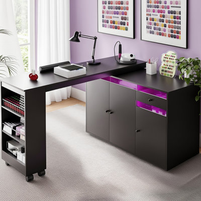 Table de manucure en L avec collecteur de poussière, bureau Nail Tech avec armoire de rangement, tiroir, poste de travail rotatif et convertible avec lumière DEL