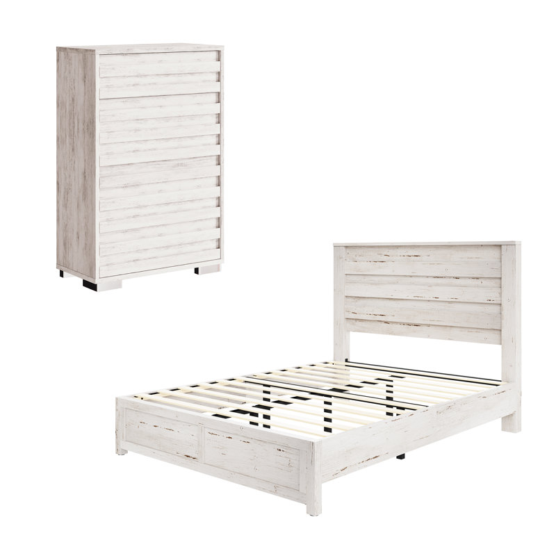 Farmhouse 2 Piece Bedroom Set, Platform Bed And 5 Drawer Dresser, Full, White