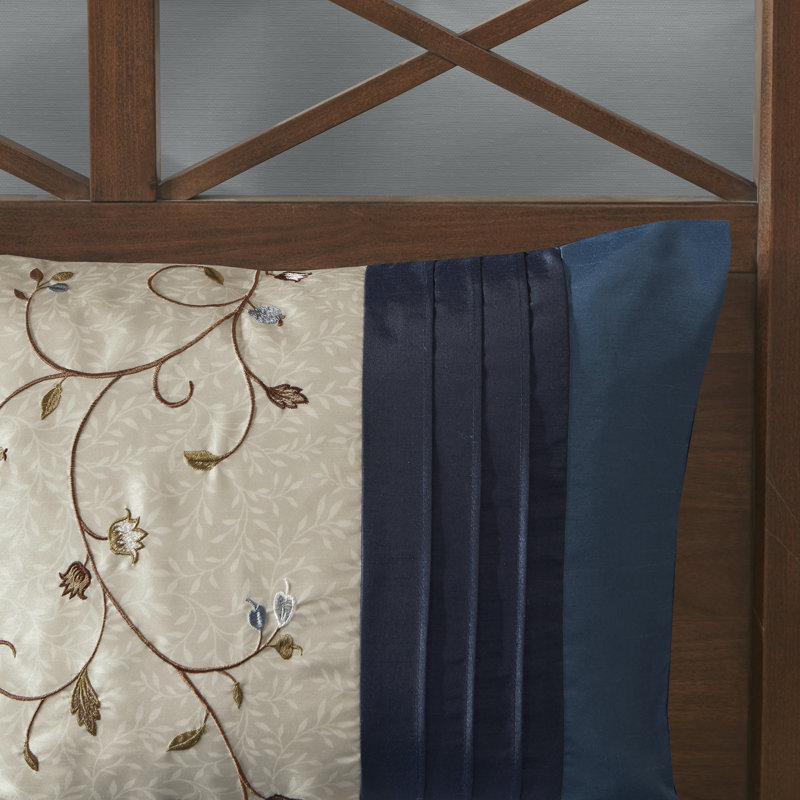 Serene Embroidered 7 Piece Comforter Set, Queen Comforter + 6 Additional Pieces, Navy