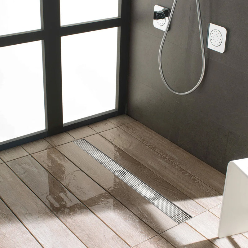 Oceanic 36"x2 3/4"x7/8" Shower Drain, Marine-grade 316 Stainless Steel, Grid Cover, With Hair Strainer and Adjustment Feet