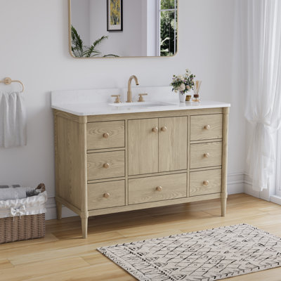 Meuble-lavabo en bois massif l 48 po x H 34 po avec comptoir en quartz blanc Carrera et lavabo simple