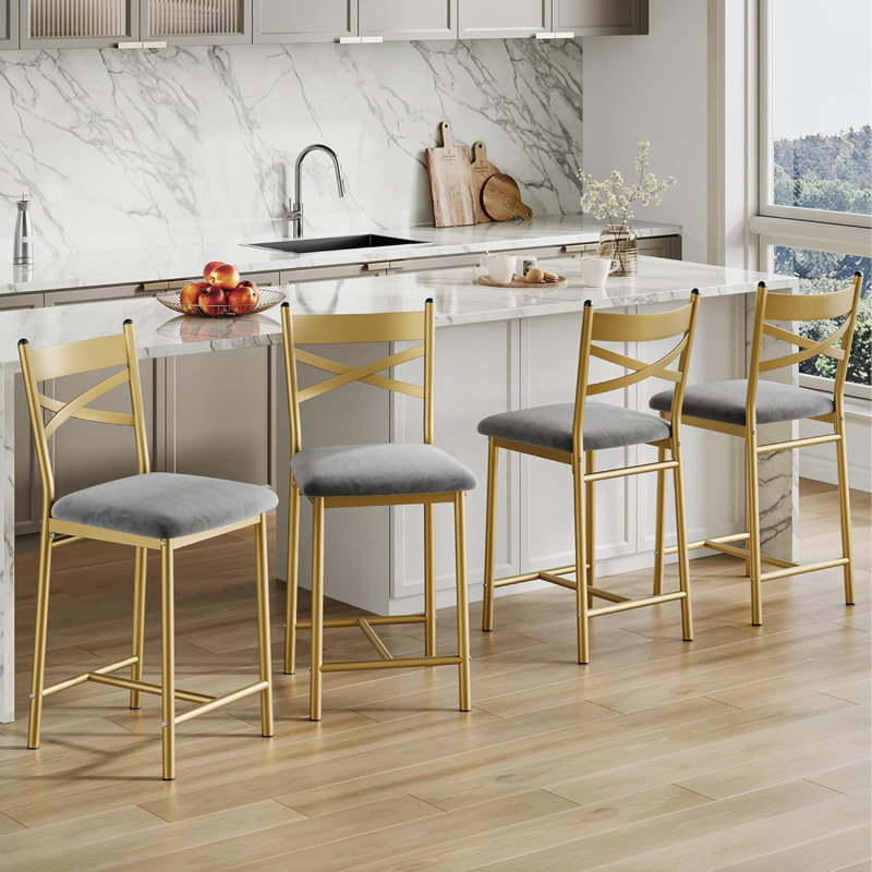 26" Bar Stools Set of 4, Counter Height Bar Stools with PU Upholstered Seat, Metal Frame Kitchen Bar Chairs with X-Design Back and Footrest for Kitchen Island, Counter Bar, Dining Room