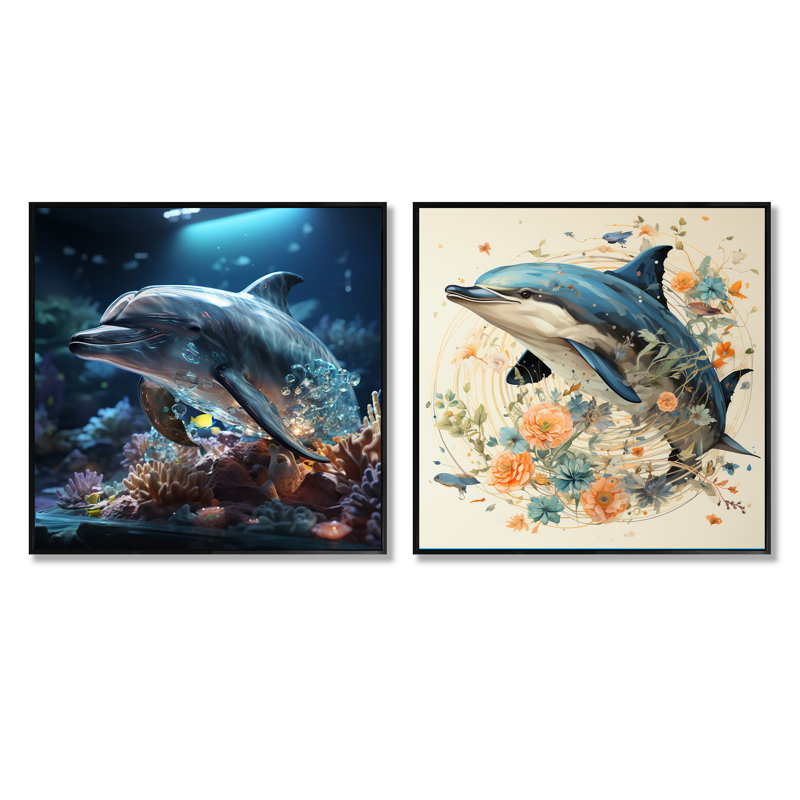 Dolphin Happiness - animaux, ensemble de 2 collages carrés de dauphins, Cadre flottant noir, H 36 po x l 73 po