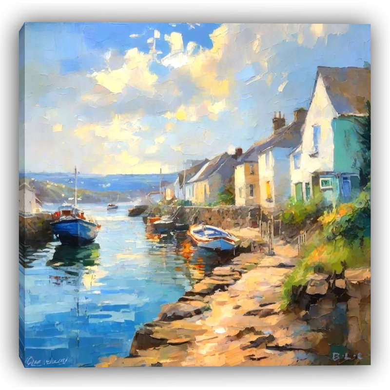 «Seaside Morning - Impressionist Coastal Village», art mural sur toile