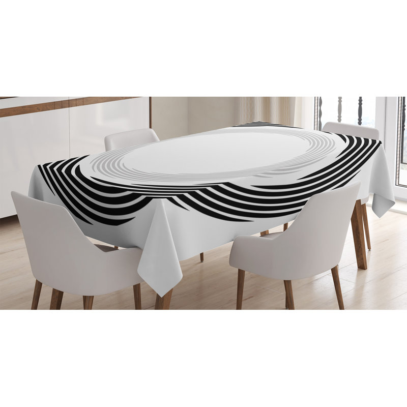 Spires Tablecloth, Abstract Circular Element With Interlace Spinning Concentric Rings Simplistic Artwork, Rectangular Table Cover For Dining Room Kitchen Decor, 52" X 70", Black