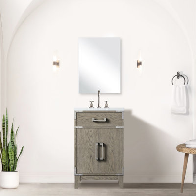 Meuble-lavabo en chêne gris 51 cm L x 46 cm P, comptoir en acrylique, robinetterie, miroir de 46 cm inclus.