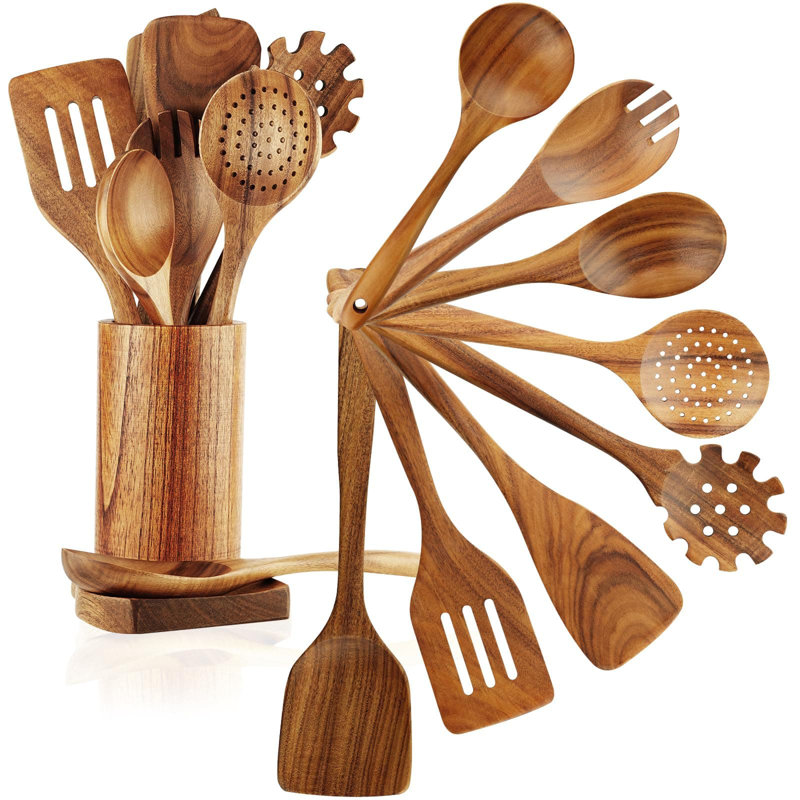 10-Piece Teak Wooden Cooking Utensil Set With Holder, Non-Scratch Wooden Kitchen Tools For Nonstick Cookware, Heat-Resistant & Durable