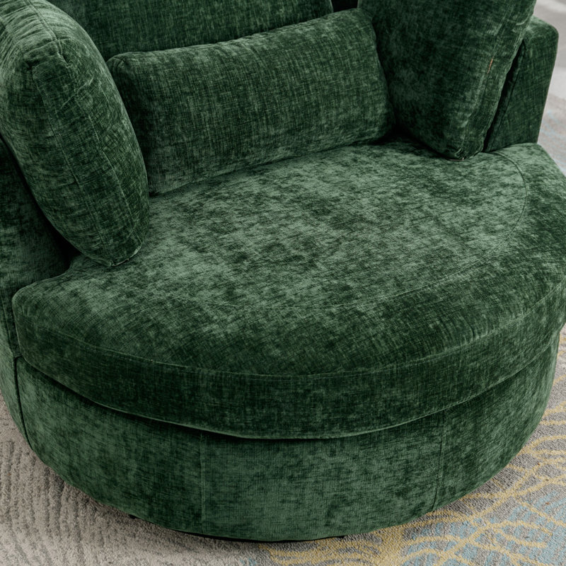 Green Chenille Swivel Barrel Chair with Ottoman