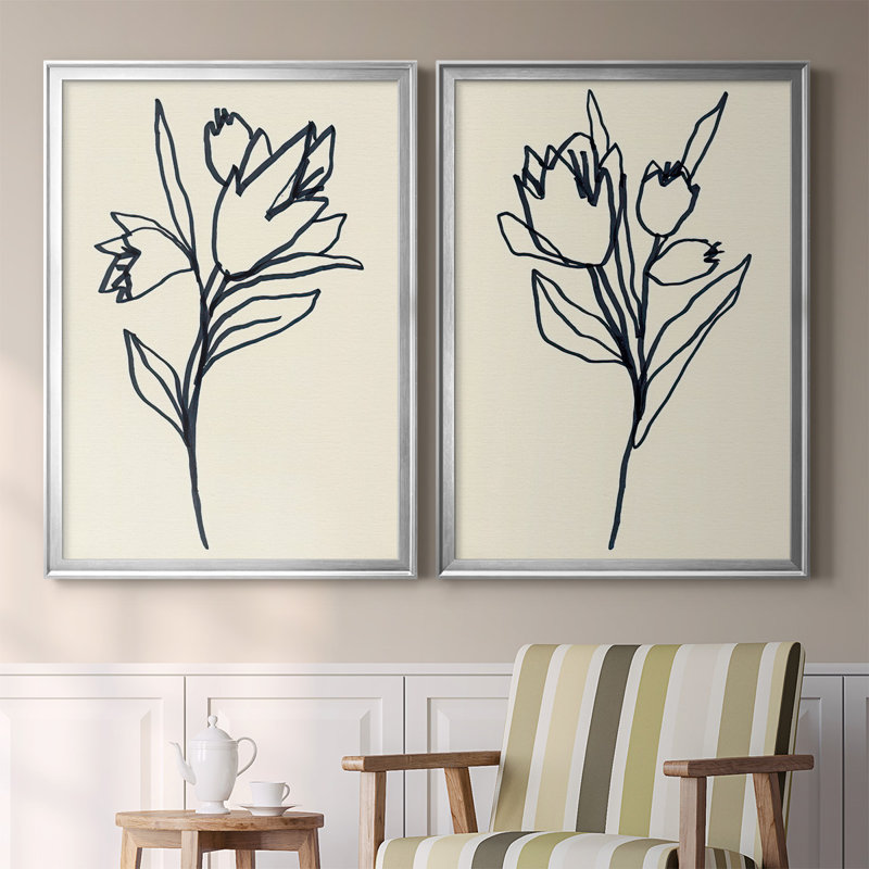 Floral Marker I - Ensemble de 2 reproductions d'art sur toile encadrées, Argent, H 24,5 po x l 37 po x P 1,25 po