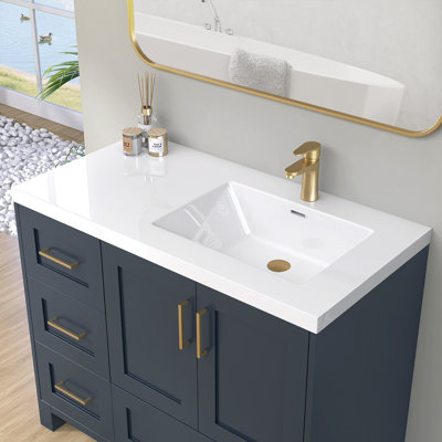 Comptoir de meuble-lavabo à surface solide de 42 pouces avec lavabo intégré à droite, comptoir sans soudure blanc brillant, imperméable et facile à installer