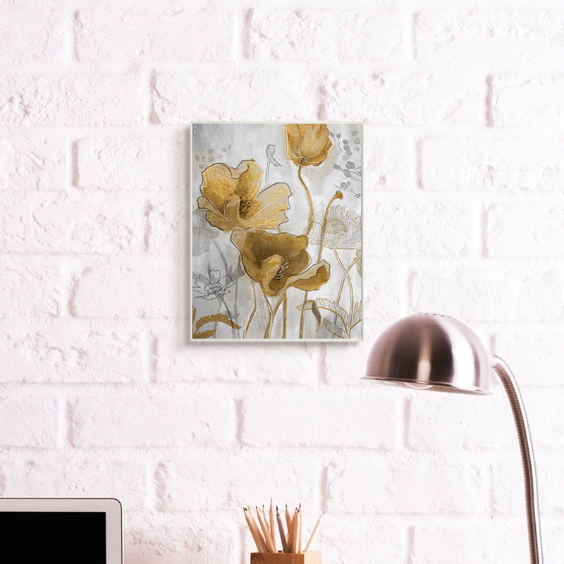 Illustration florale abstraite du coquelicot doré, H 15 po x l 10 po, Plaque murale