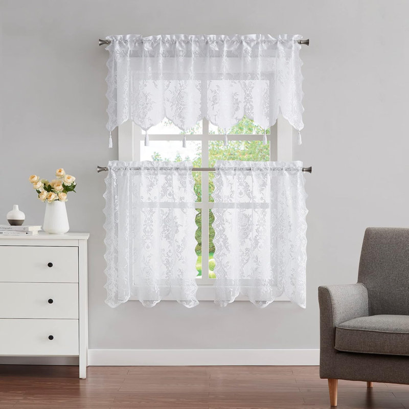 3 Piece Lace Kitchen Curtains And Valances Set, Includes 2 30" X 36" Kitchen Tiers & 54" X 22” Lace Valance With 6 Tassels