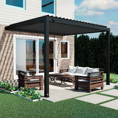 Backyard Discovery Evanston Wall Mounted Louvered Steel Outdoor Patio Pergola With Powerport 3.6m X 3.1m (12ft X 10ft)