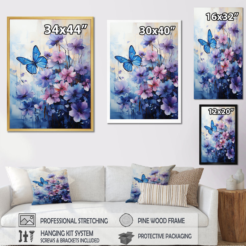 " Sapphire Blue Hues Capture The Delicate Flight ", 40" H x 30" W x 1.5" D, Gold Floater Framed