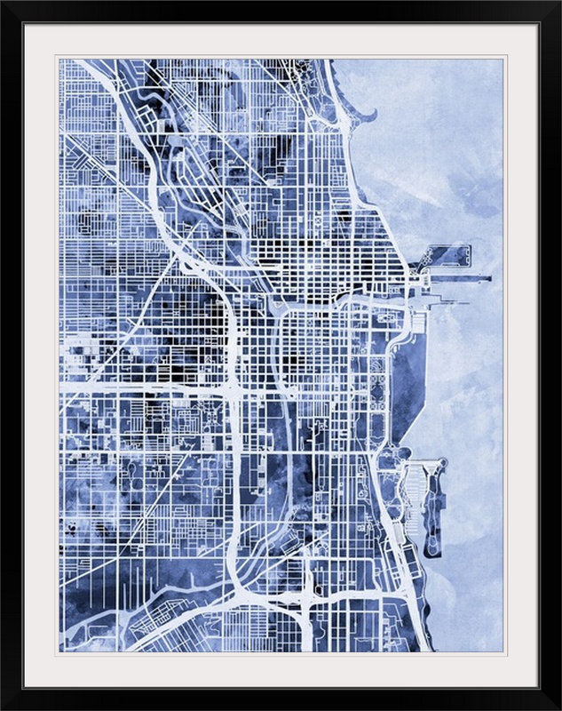 «Chicago City Street Map» par Bellen, impression, Cadre noir, H 24 po x l 20 po x P 1 po