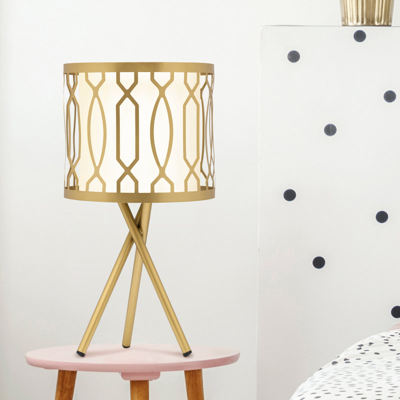 Set of 2 Gold Painted Metal Tripod 17.5"H Table Lamps with Gold Metal and White Fabric Shades