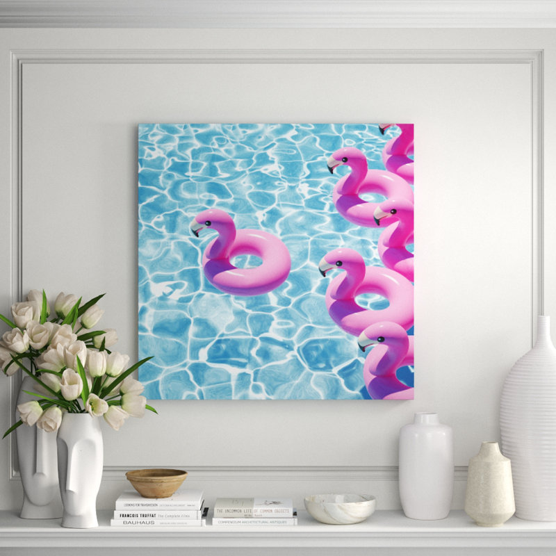 Flamingo Pool Party Print, 36" H x 36" W x 2.5" D, Aluminum