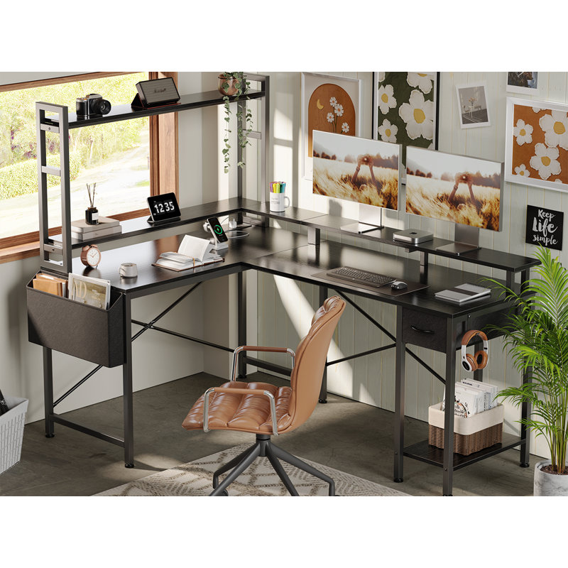 Lateefa L Shaped Computer Home Office Desk with LED Lights & Power Outlets with Storage Shelves 4-Tier Reversible Bookshelf Corner Desk
