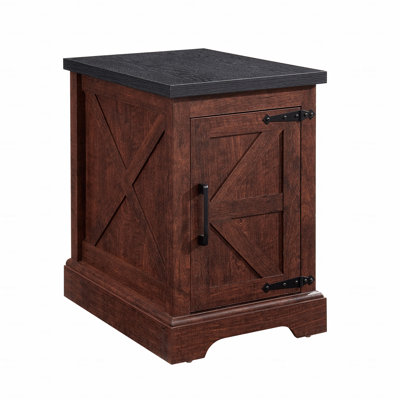 Farmhouse Barn Door End Table – Oak Finish + Black Metal Accents + Adjustable Storage Shelf