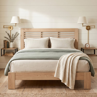 Mid-Century Modern Wood Platform Bed with Louvered Slatted Headboard, Full, Natural Wood